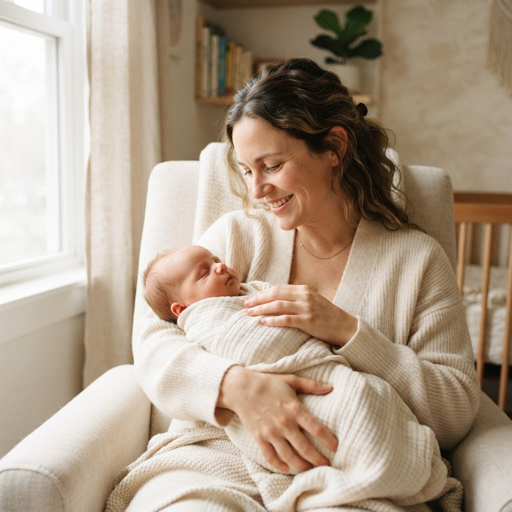 Escena cálida de lectura y cuidado maternal