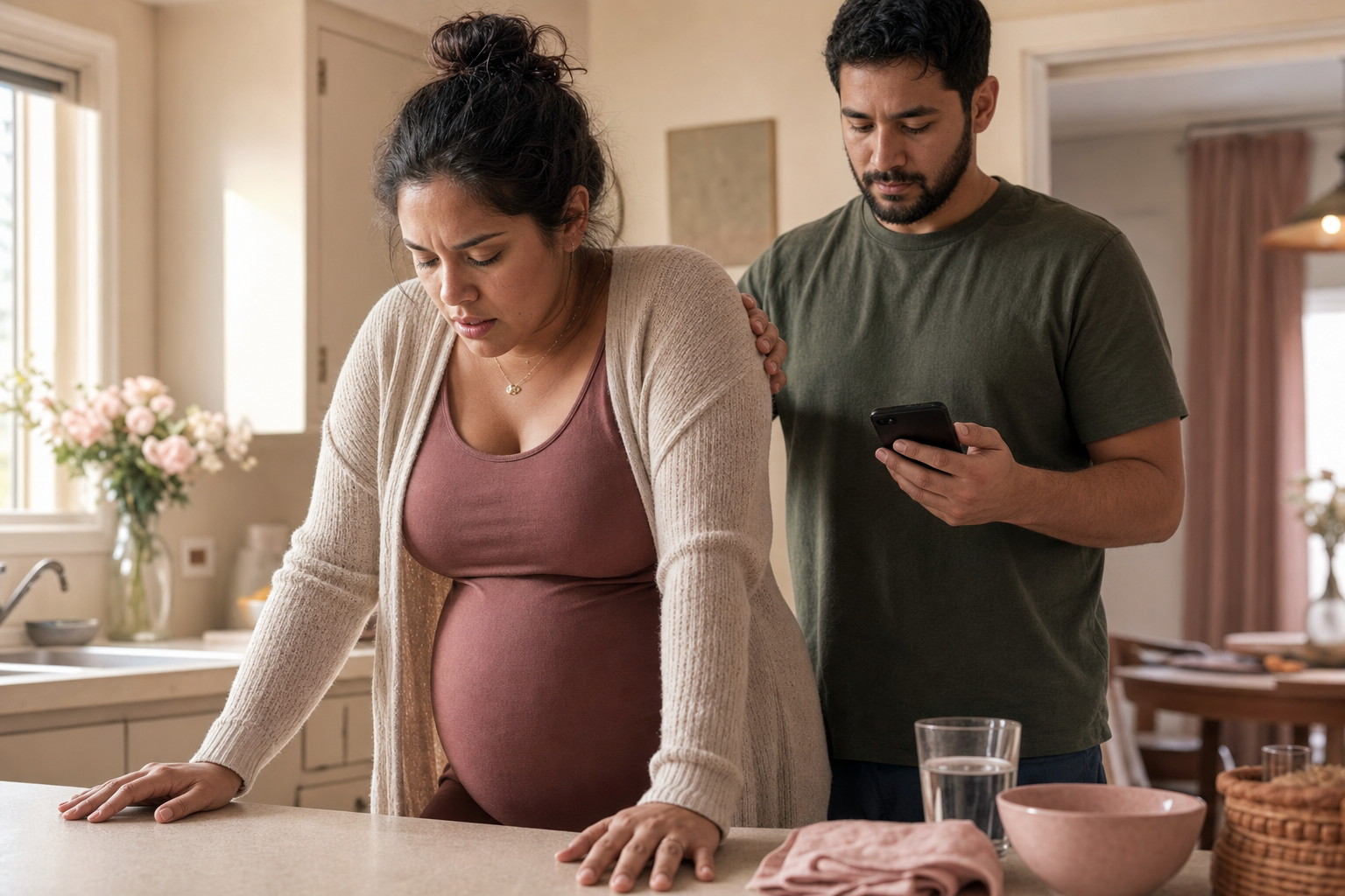 Pareja registrando el tiempo de una contracción en casa