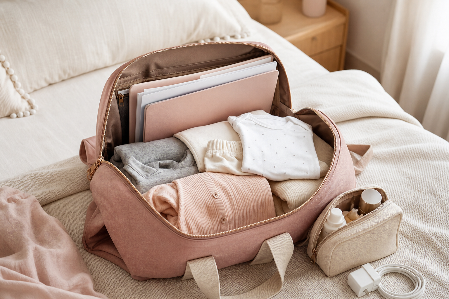 Bolso maternal abierto con documentos, ropa y elementos de higiene
