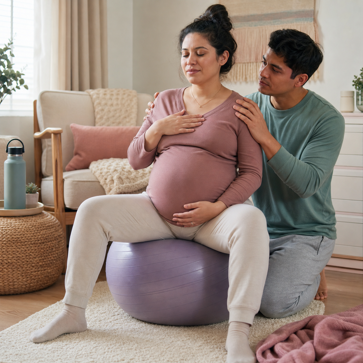 Mujer embarazada practicando respiración y posición cómoda con apoyo