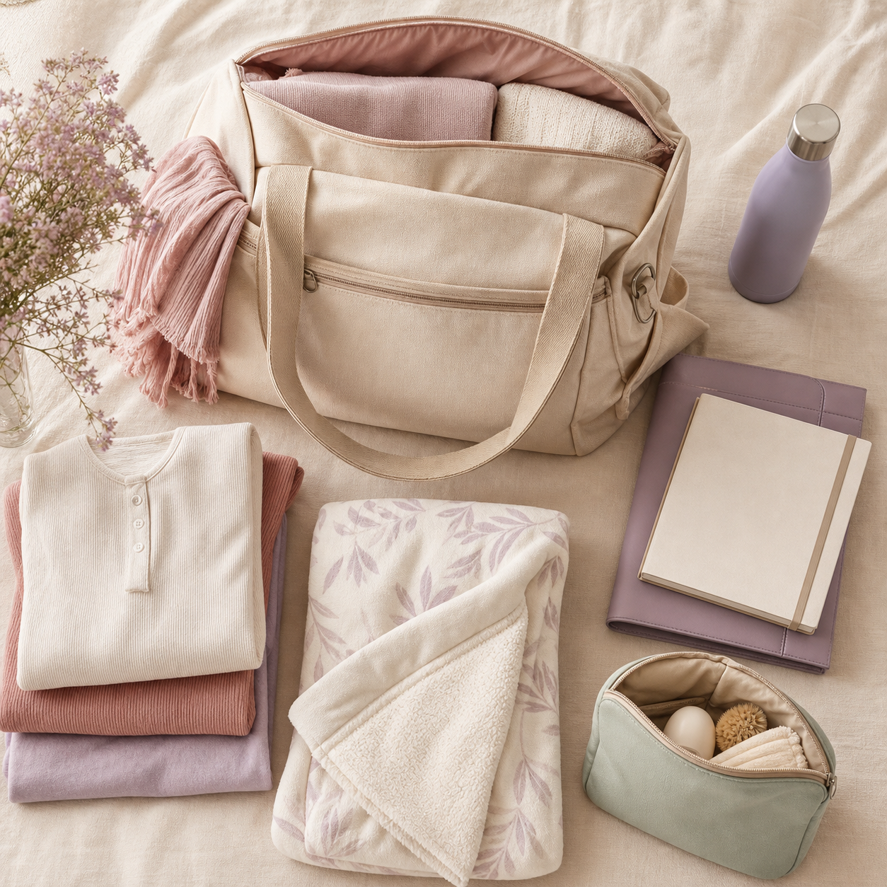 Bolso maternal, documentos y elementos esenciales organizados