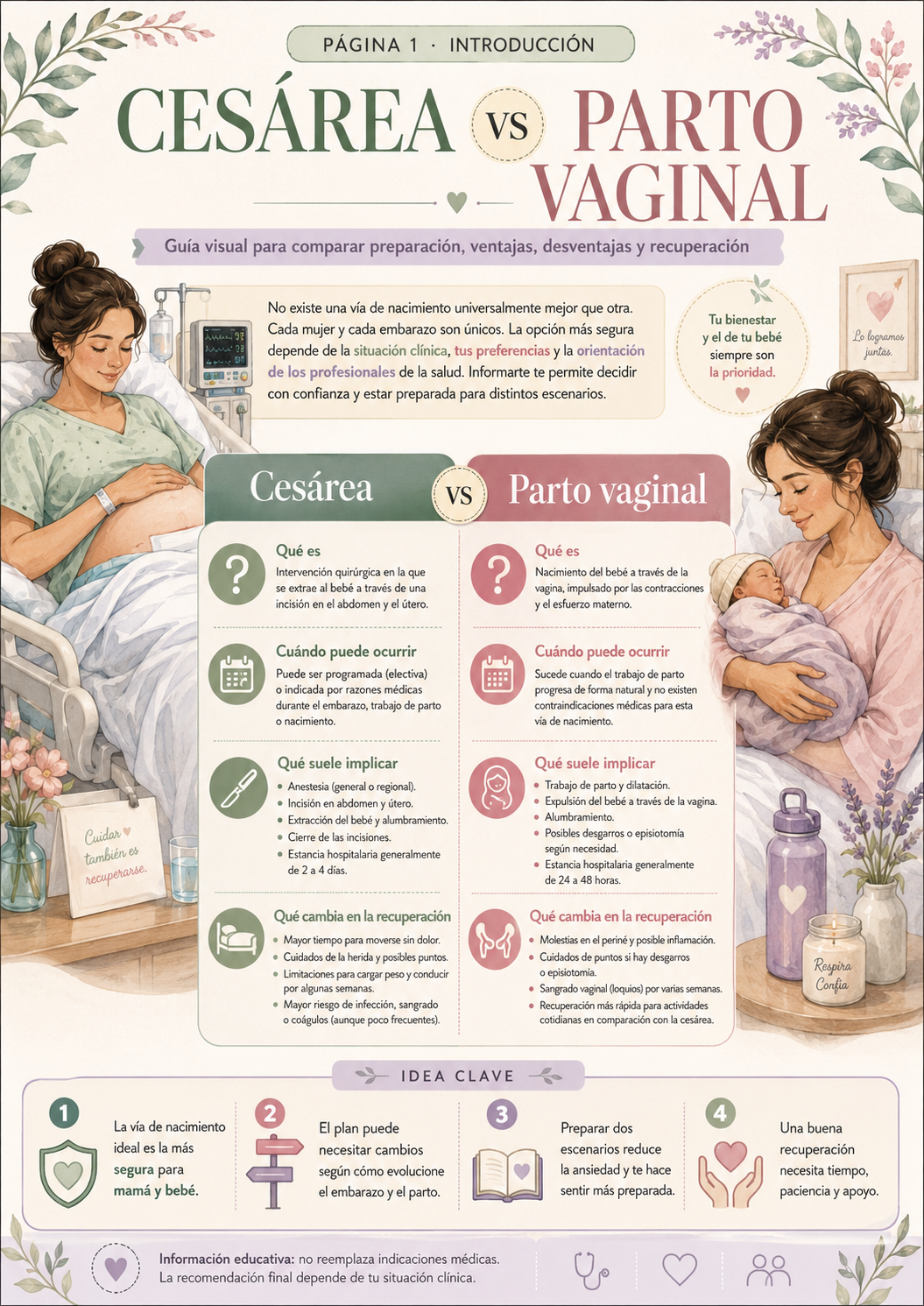 Portada ilustrada de la guía Cesárea vs. Parto Vaginal con una comparación educativa de preparación y recuperación