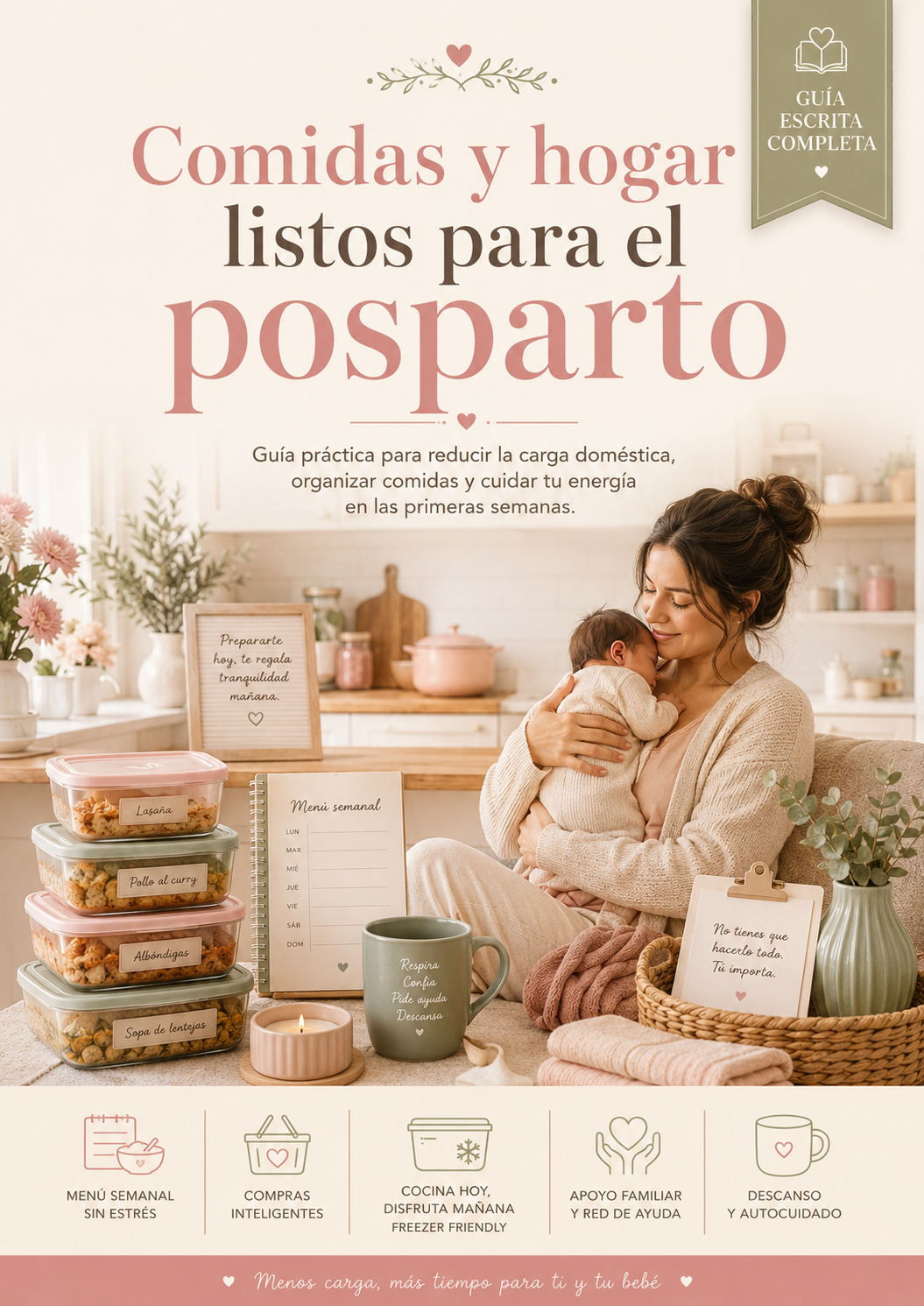 Portada ilustrada de Comidas y hogar listos para el postparto, una guía de planificación de comidas y apoyo familiar