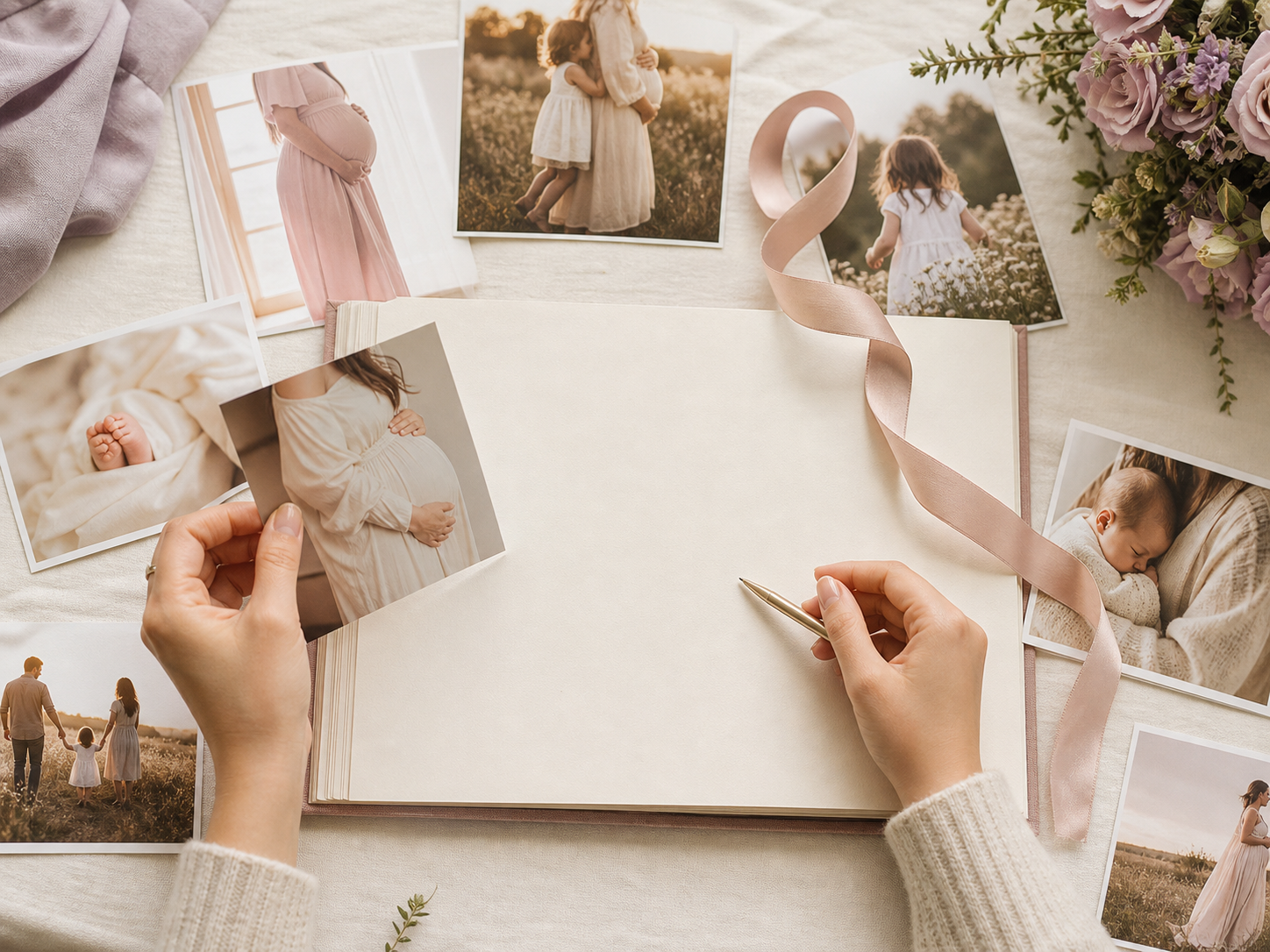 Álbum abierto rodeado de fotografías familiares y recuerdos del embarazo