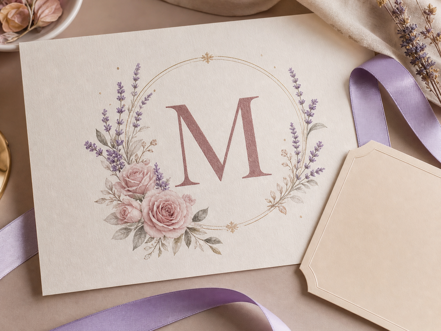 Lámina personalizada con una inicial, flores y cintas en tonos suaves