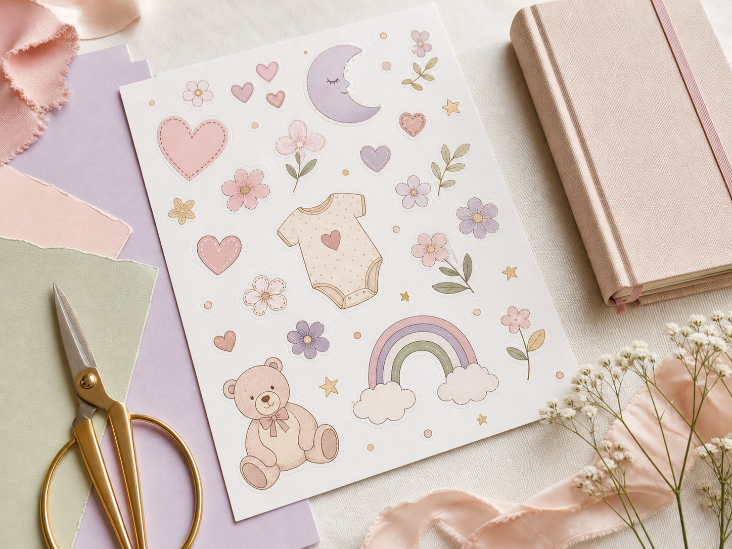Hoja de stickers maternales con flores, corazones, luna, arcoíris y osito