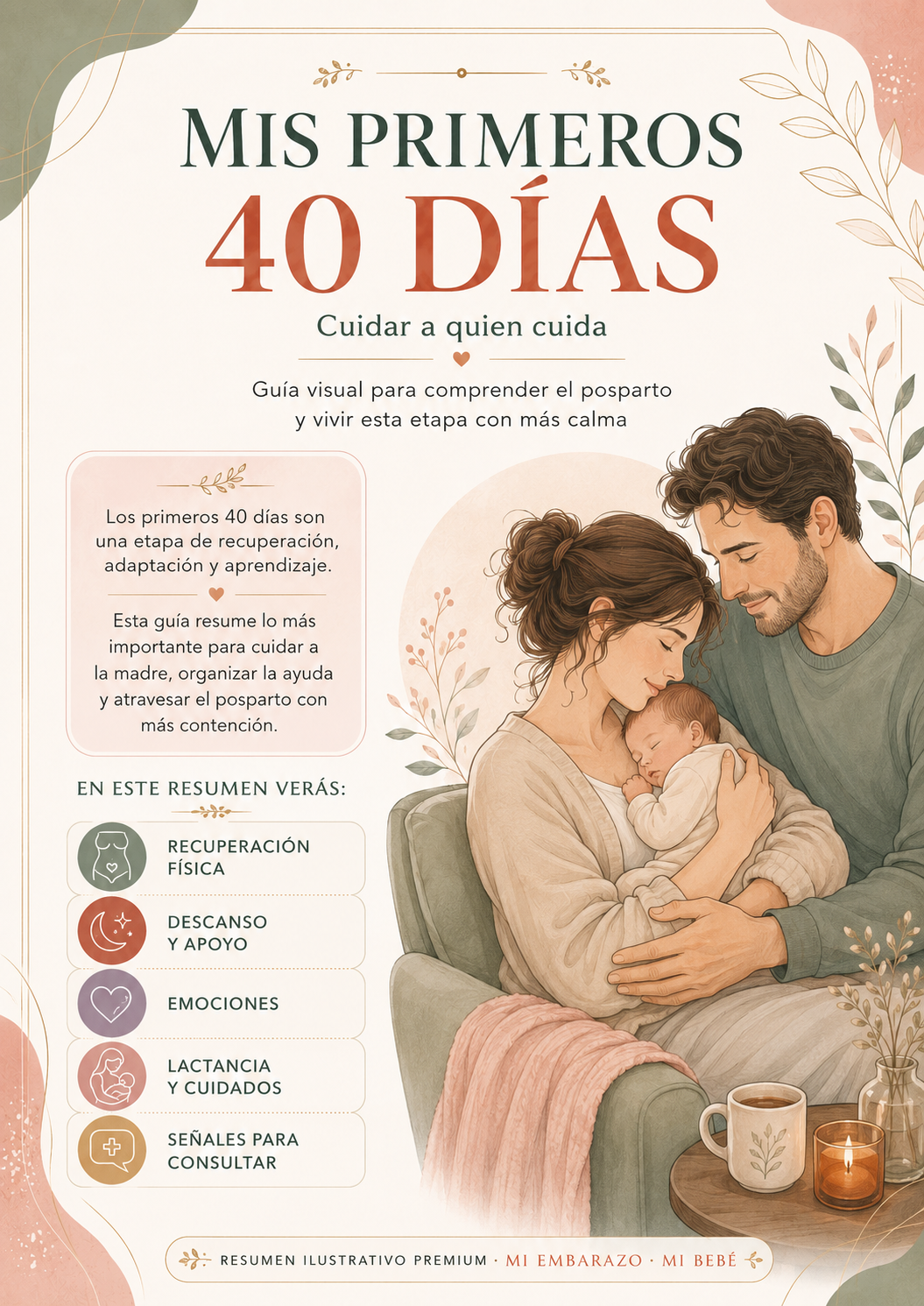 Resumen ilustrado del ebook Mis primeros 40 días postparto con sus temas principales
